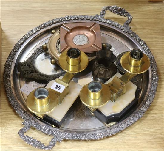 A silver plated tray, pair of candelabra, mirror etc